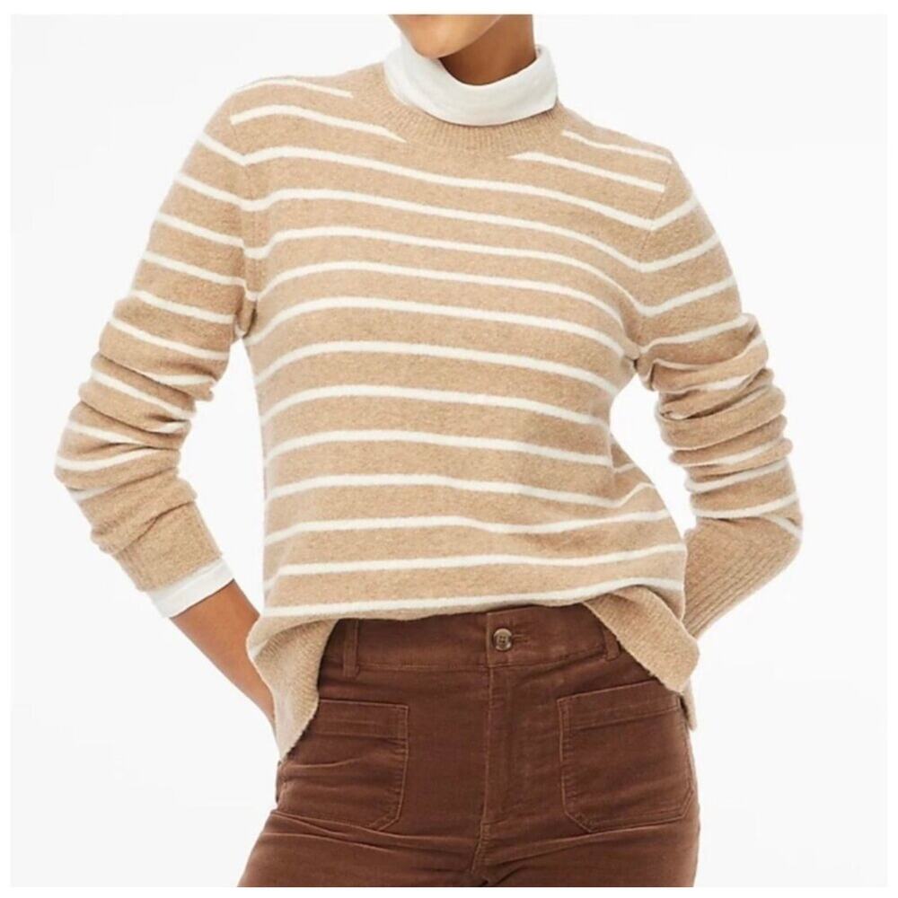 J Crew Womens Striped Crewneck Pullover Sweater Extra Soft Yarn Tan Ivory Medium